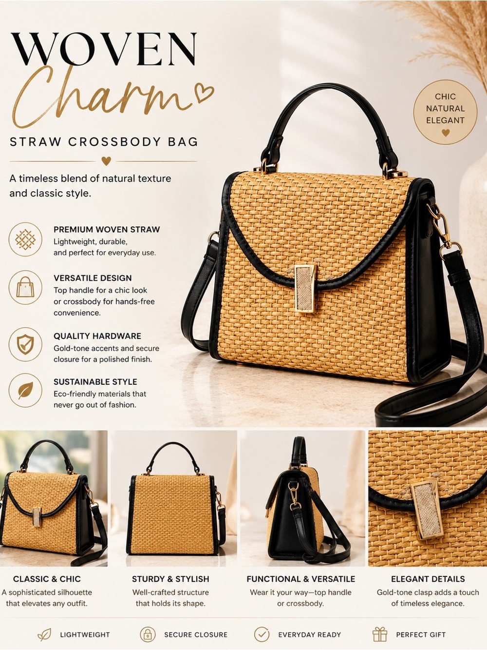 Straw Woven Crossbody Bag with Black Trim